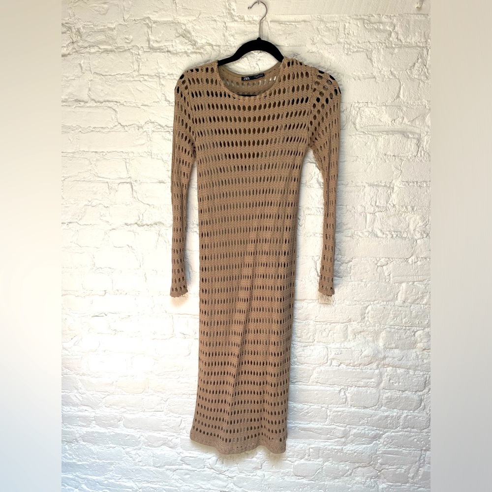 Zara knit dress with slip under tan small